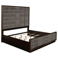 Eastern King panel bed with grey leatherette grid tufting, dark smoked peppercorn frame, and goldtone trim.