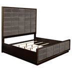 Eastern King panel bed with grey leatherette grid tufting, dark smoked peppercorn frame, and goldtone trim.