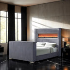 Contemporary Gray King Size Bed with TV Lift Footboard.