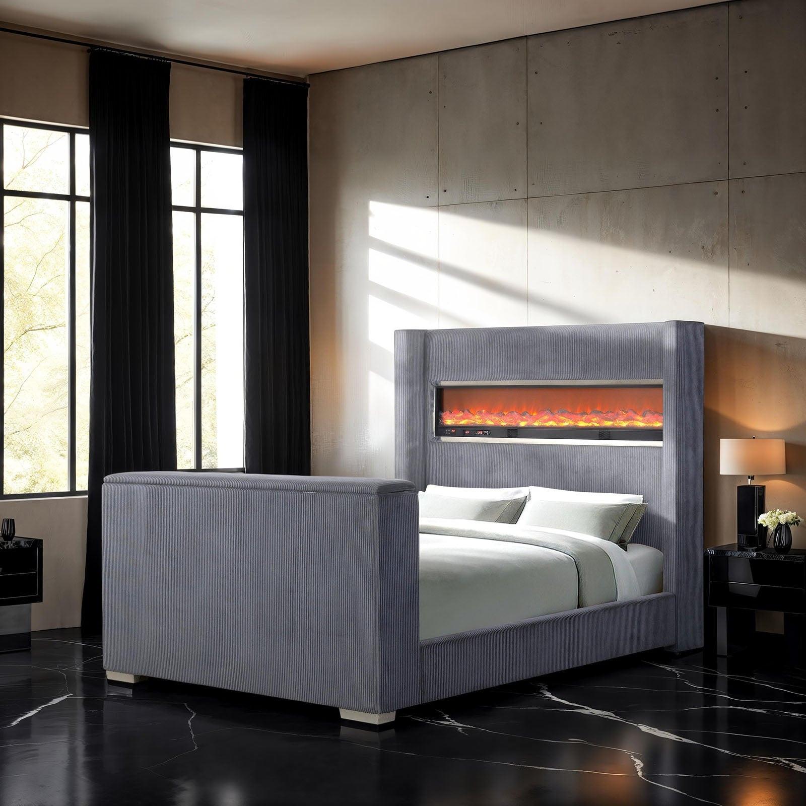 Contemporary Gray King Size Bed with TV Lift Footboard.