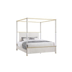 Malco Queen Oak Four Post Bed with Gold Accents and Upholstered Headboard in Rubber Wood