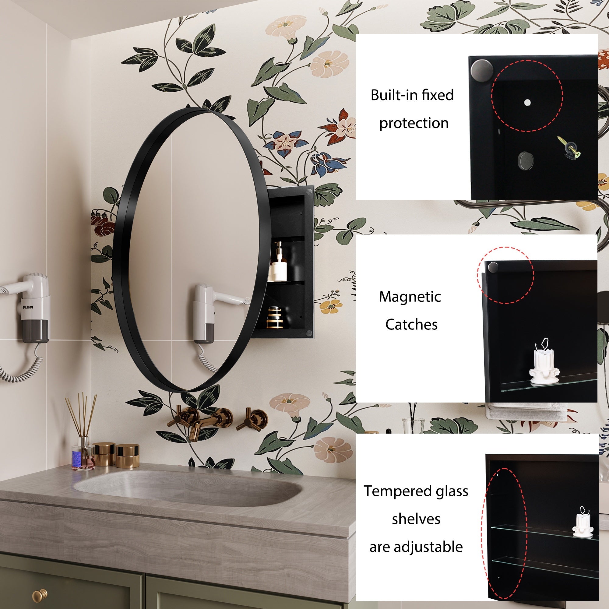 Close-up of Round Black Metal Medicine Cabinet with Mirror highlighting built-in protection, magnetic catches, and adjustable shelves.