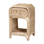 Boho-style natural rattan nightstand with a curved frame, one drawer, and an open bottom shelf.