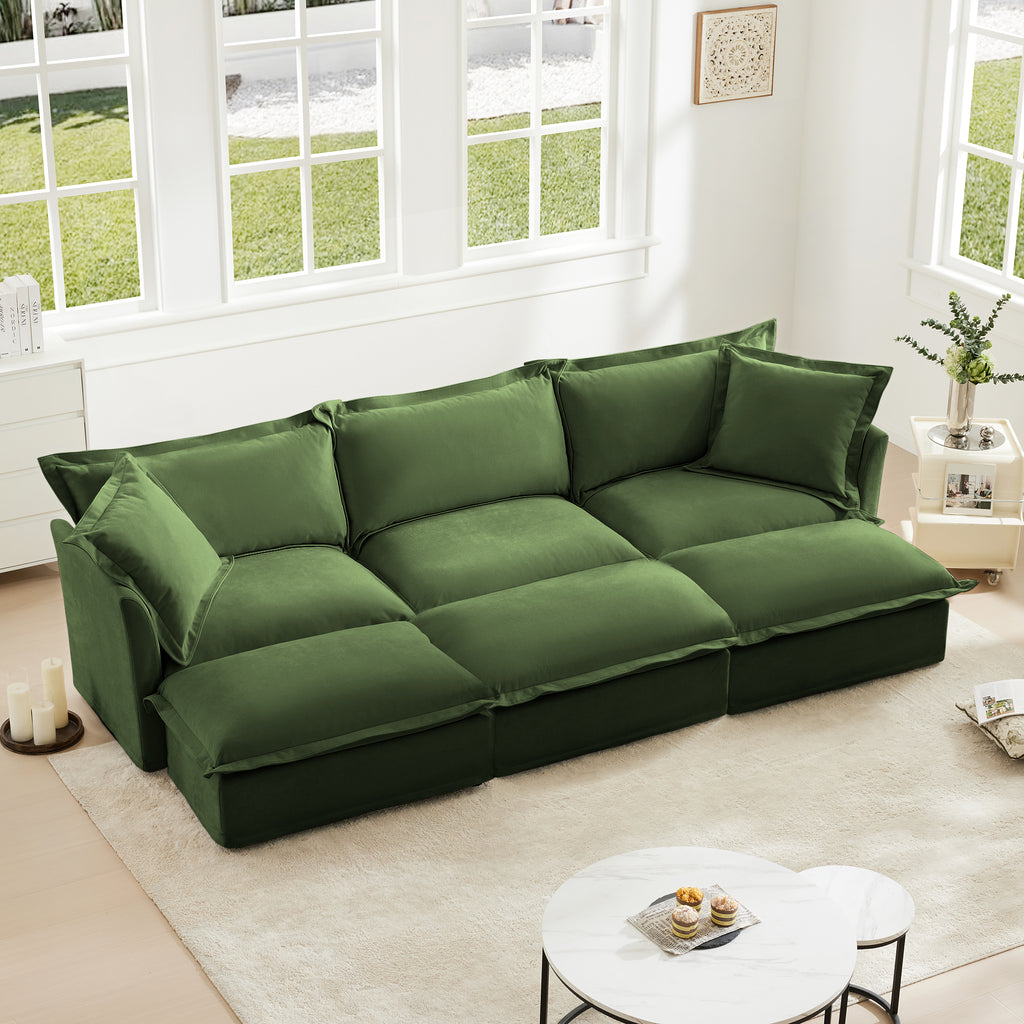 Oversized 3-Seater Green Chenille Sleeper Sofa with 3 Ottomans