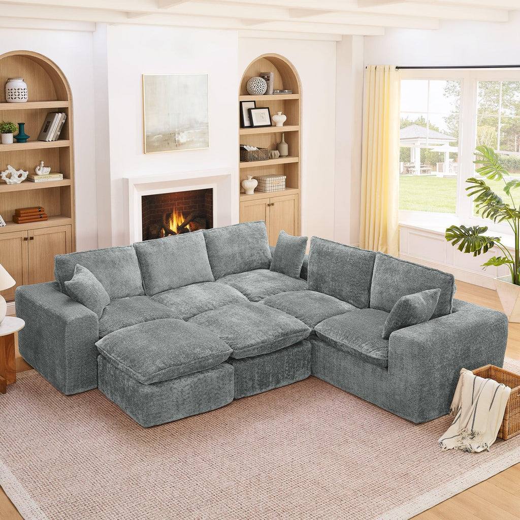 L-shaped Boucle Sectional Sofa with Moveable Ottomans.