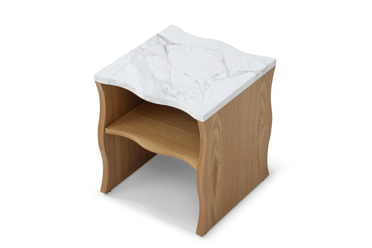 17.72' Whisper of Waves Modern End Table w/ Storage Shelf, Faux Marble Table w/ Solid Wood Veneered Table Base, Bedroom Nightstand, Accent Side Table for Living Room Apartment, Natural Wood Color.