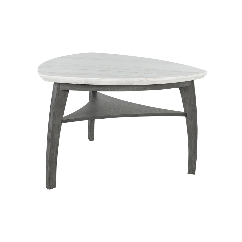 Angled view of Jasmine Bar Table with grey marble top and arched legs, showcasing its modern triangular design for casual dining.