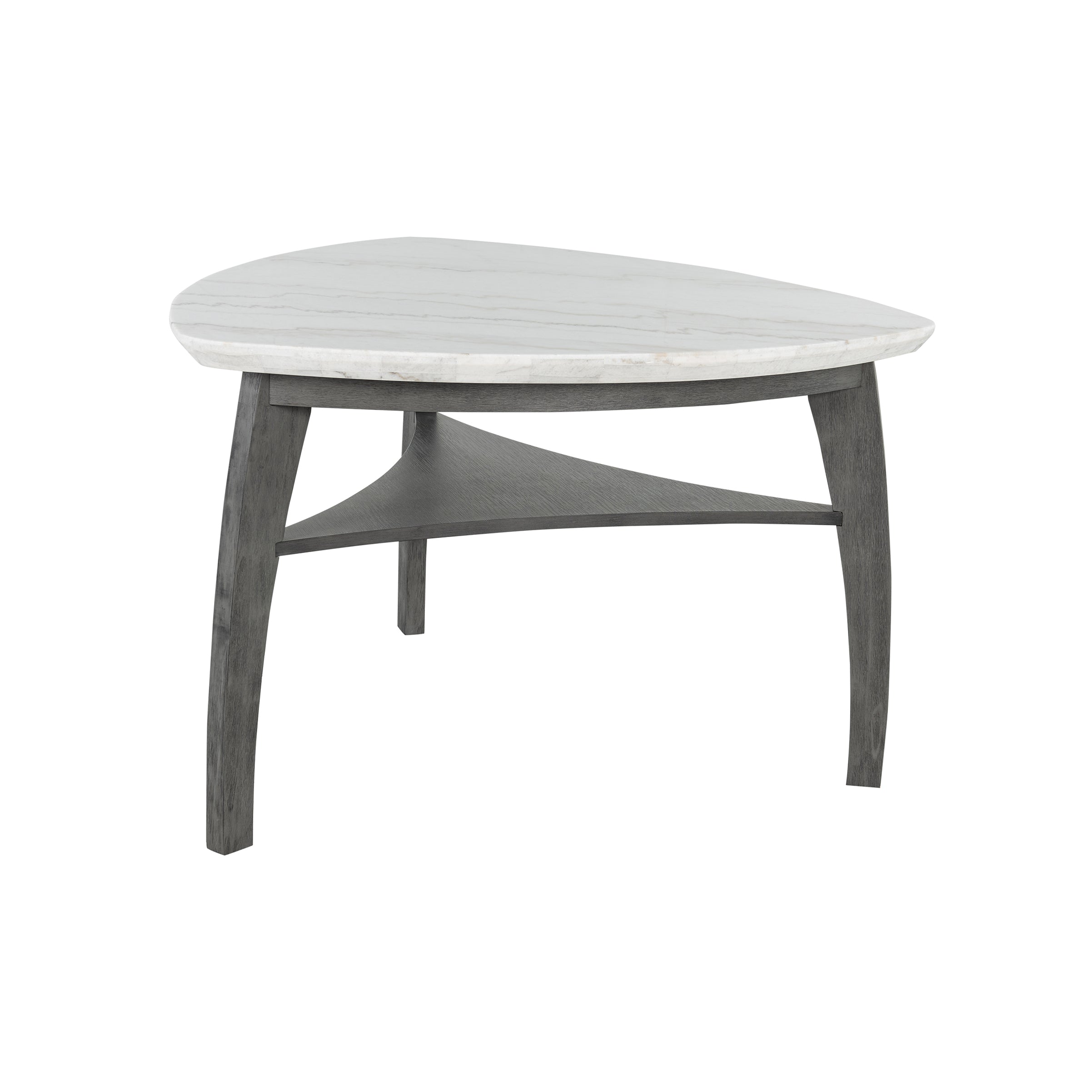 Angled view of Jasmine Bar Table with grey marble top and arched legs, showcasing its modern triangular design for casual dining.