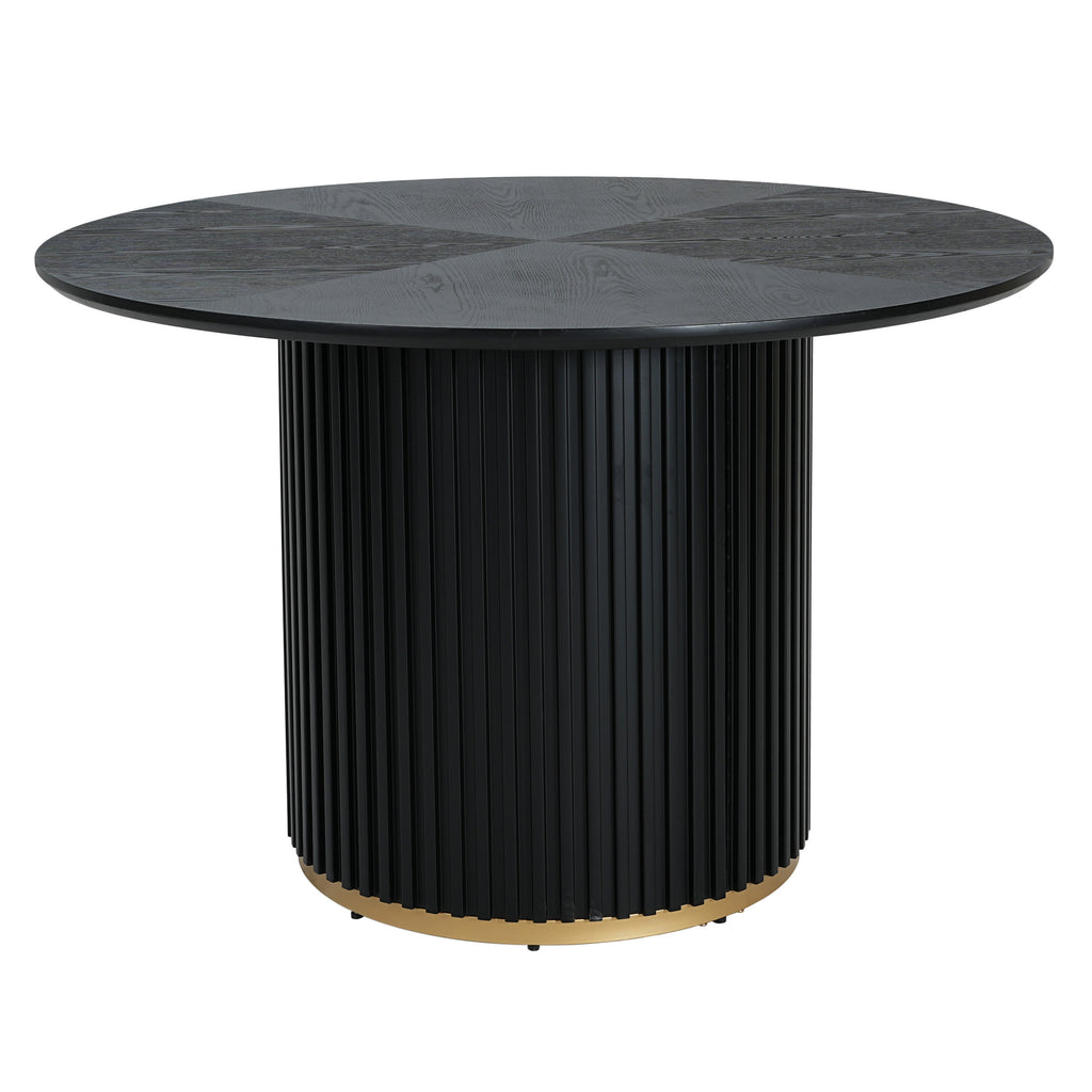 Black round dining table with fluted pedestal base and gold bottom trim. Seats 4, crafted from MDF and iron for durability.