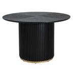 Black round dining table with fluted pedestal base and gold bottom trim. Seats 4, crafted from MDF and iron for durability.