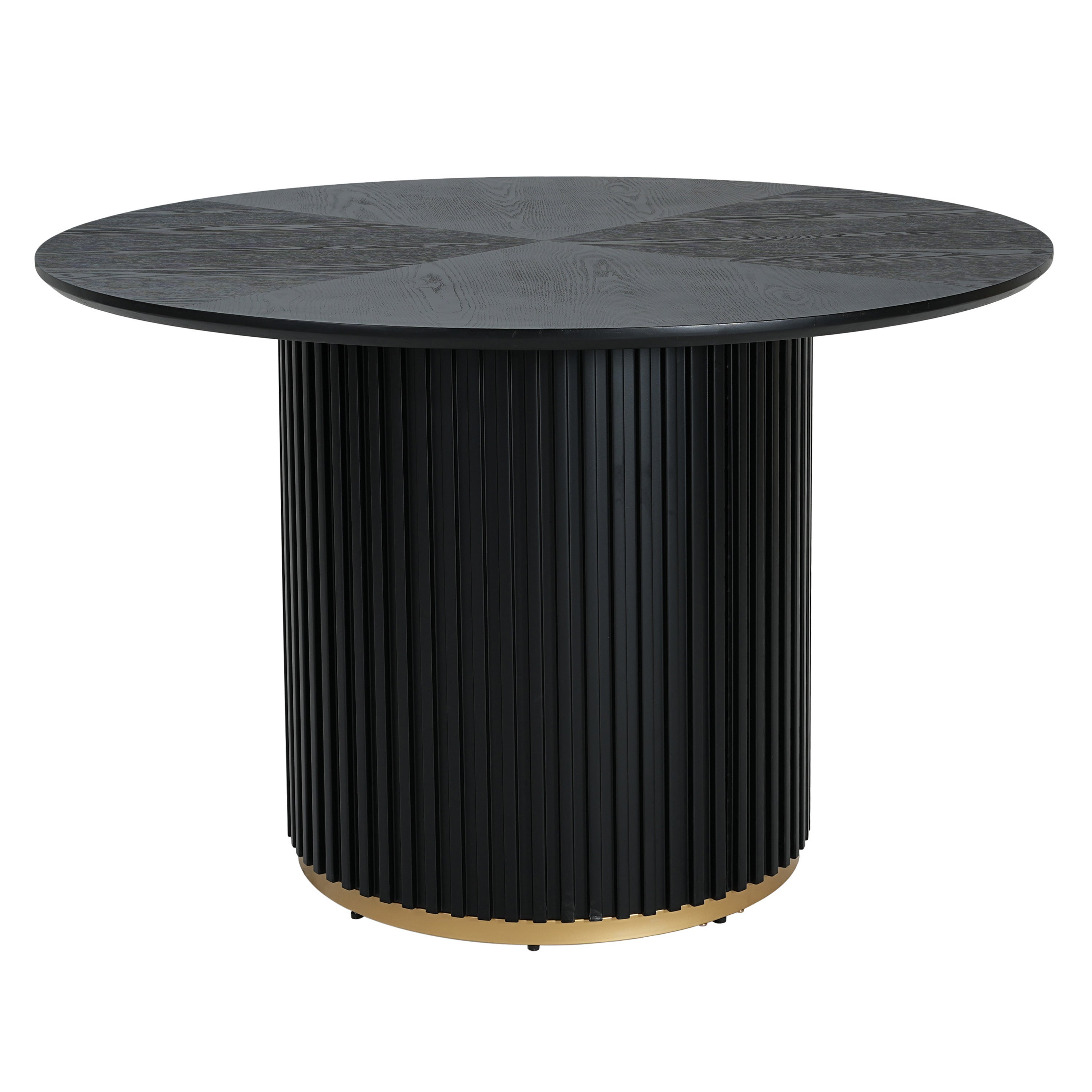 Black round dining table with fluted pedestal base and gold bottom trim. Seats 4, crafted from MDF and iron for durability.