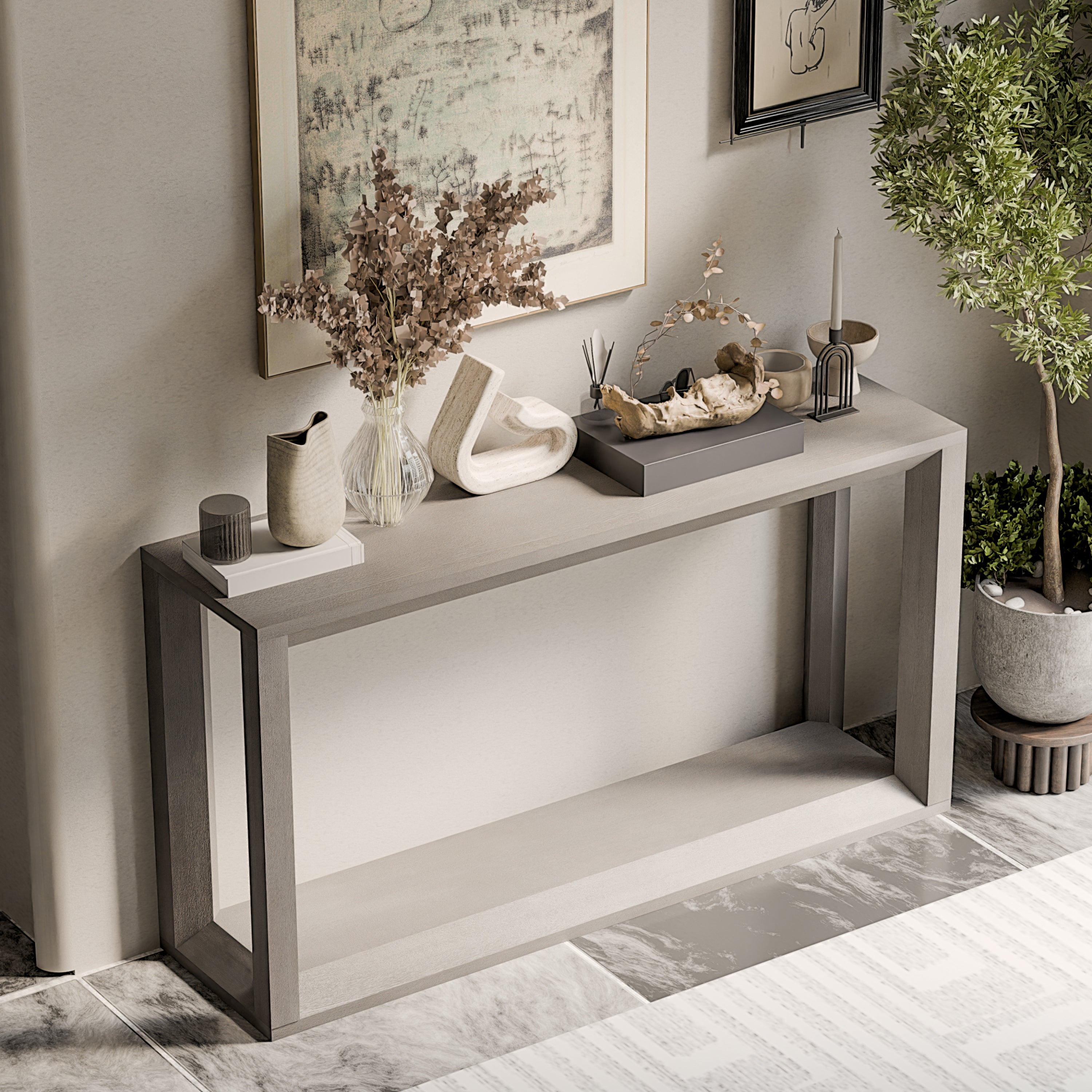 Distressed grey rectangular wood veneer console table with a lower storage shelf, styled with vases and decor.