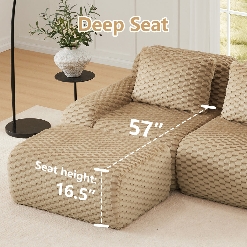 Deep seat measurement of L-Shaped Modular Sectional Sofa - Light Camel with 16.5-inch seat height and 57-inch depth for extra comfort.