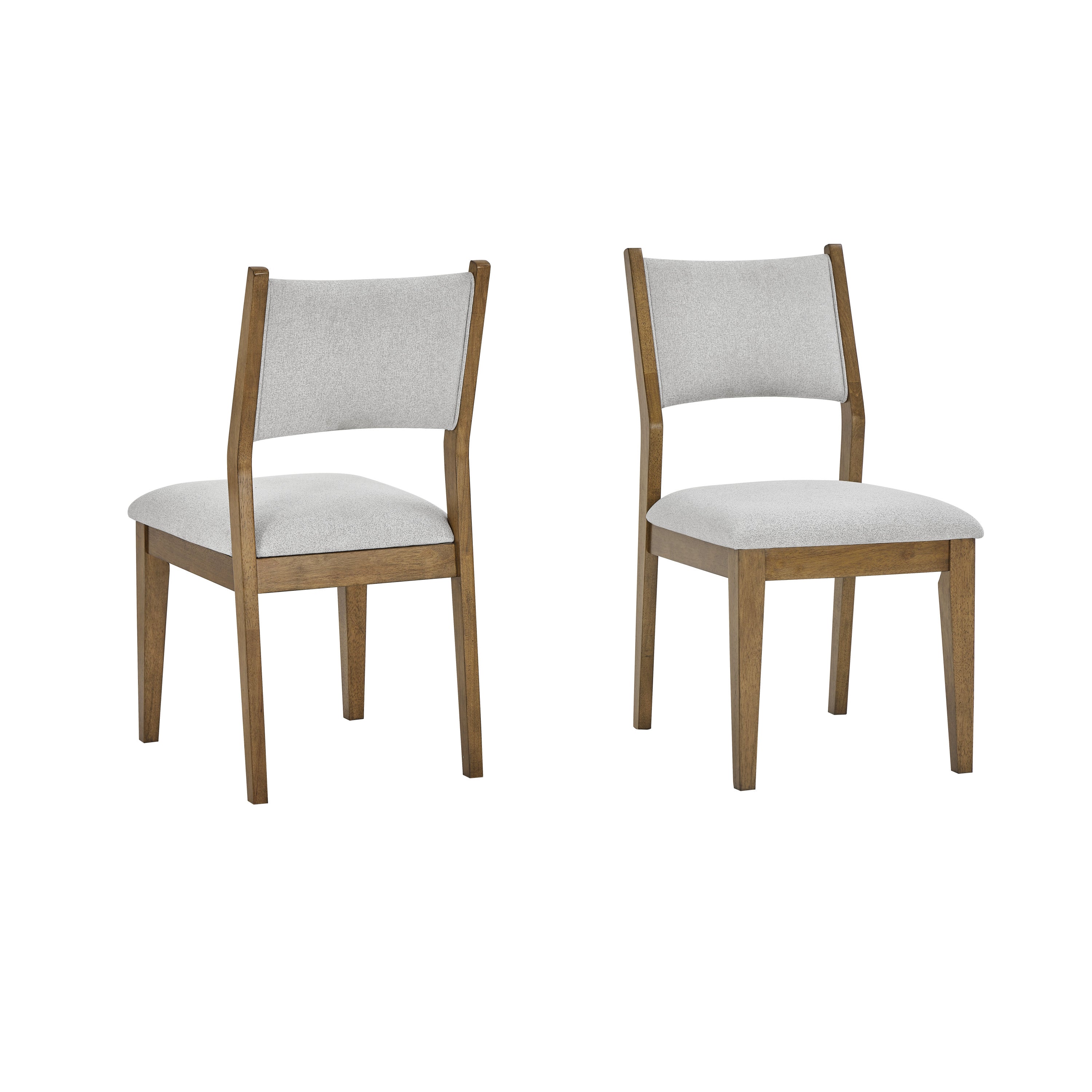 Pair of upholstered dining chairs from Darla Dining Set with walnut oak frames and light gray padded seats and backs.