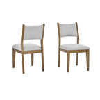 Pair of padded dining chairs from Darla Dining Set in walnut oak finish. Upholstered in light fabric with angled backrest for comfort.