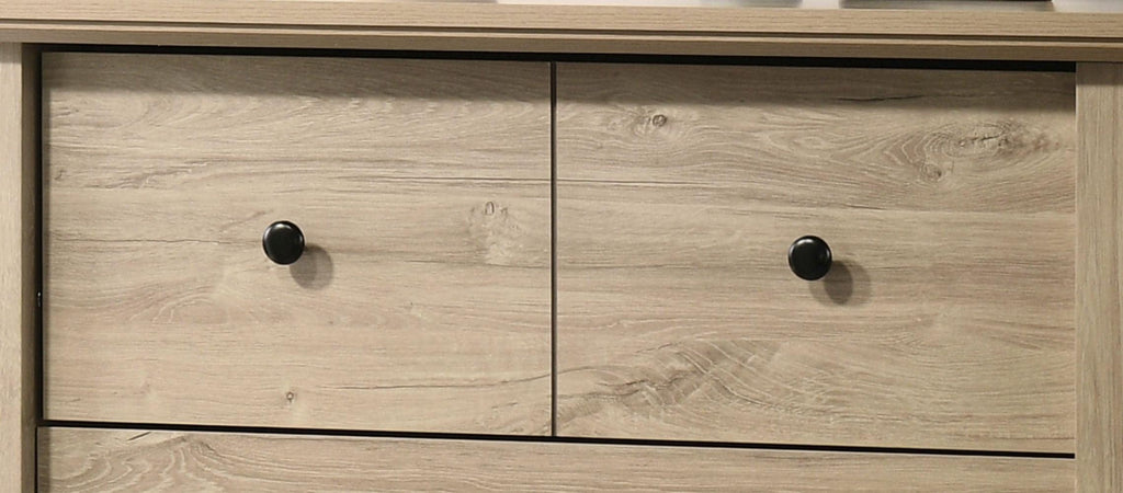 Elara 4-Drawer Light Oak Chest with Black Handles.