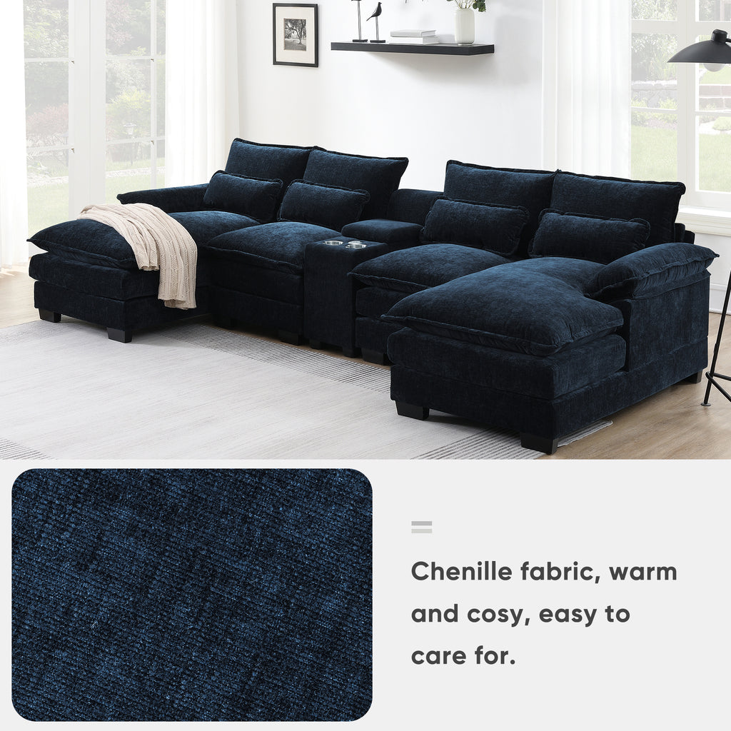 Chenille fabric texture of U-shaped sectional sofa with USB charger, offering a warm, cozy, and easy-to-maintain surface for living room comfort.