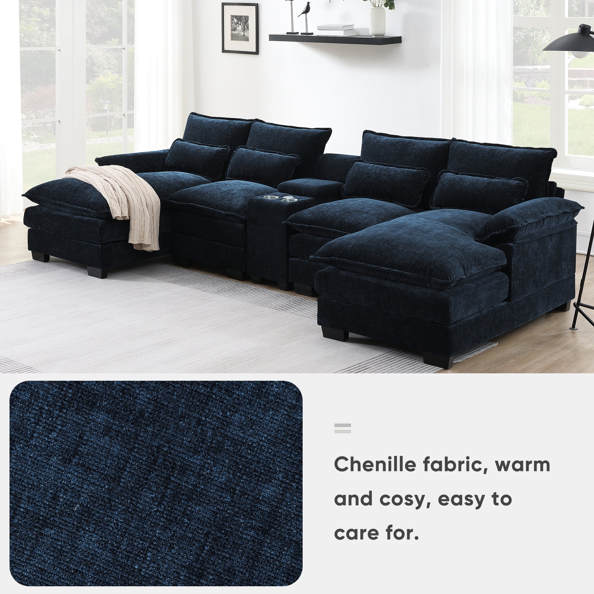 Chenille fabric texture of U-shaped sectional sofa with USB charger, offering a warm, cozy, and easy-to-maintain surface for living room comfort.