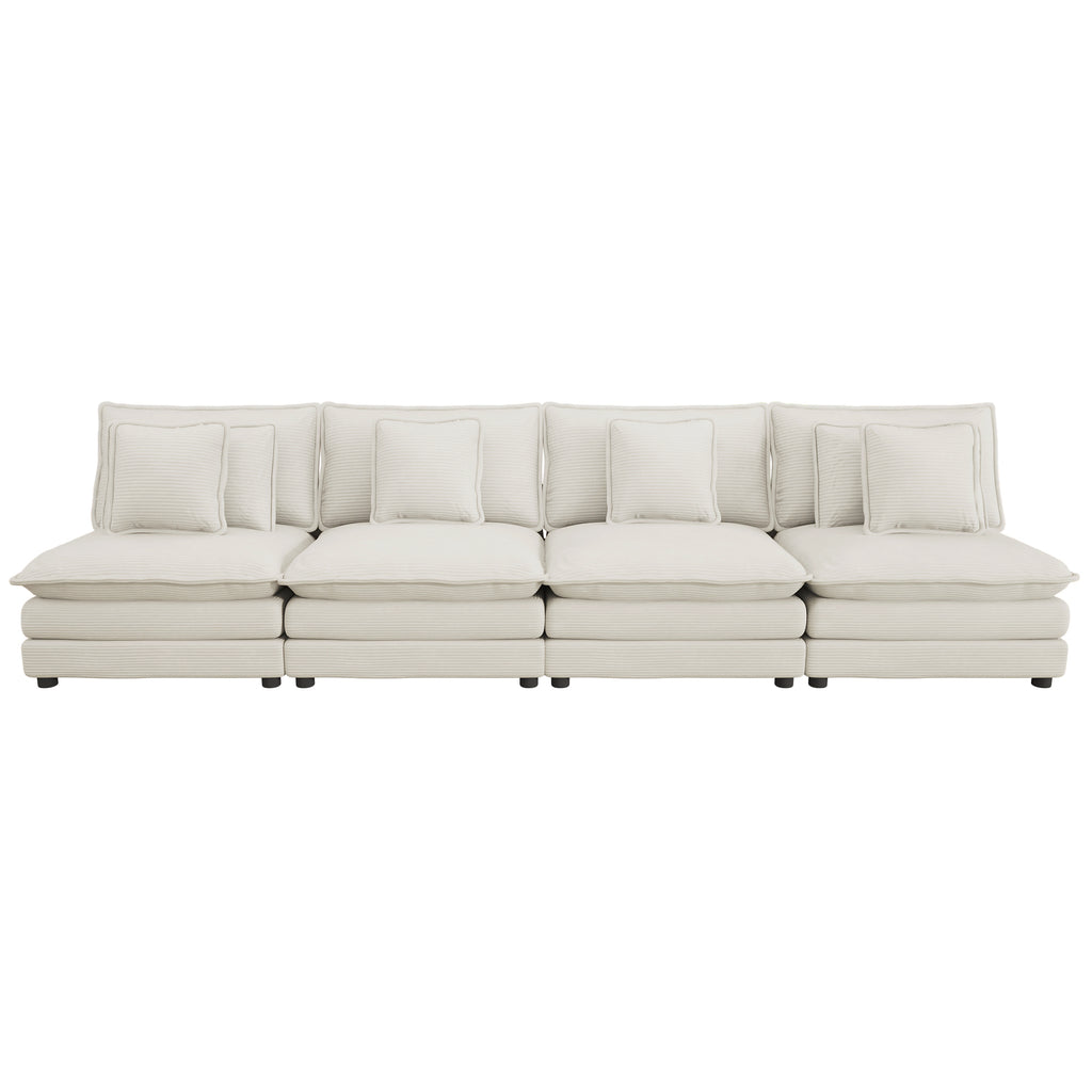 Modular Corduroy Sofa Beige - Stylish and Comfortable with six seats and detachable pillows, ideal for spacious living rooms.