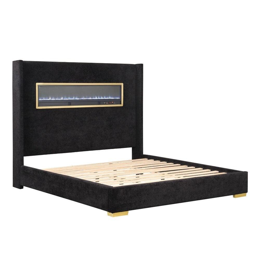 Contemporary Style Black Color 1pc Queen Size Bed Upholstered Fabric Bedframe Bedroom Furniture 3D Fireplace HB.