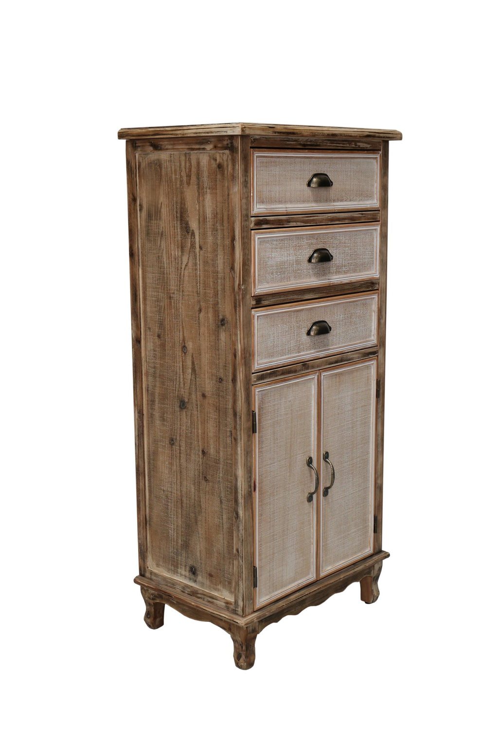 Rustic Wooden Storage Cabinet with Cutout Door & Drawers.