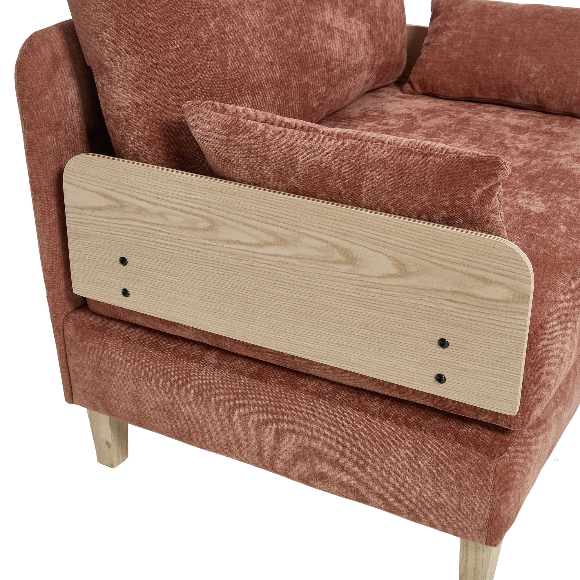 Side panel detail of the Convertible Sofa Bed Recliner - 3-in-1 showing light wood armrest accent and chenille upholstery.
