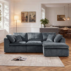 Modern Sectional Couch - Minimalist Sofa with 4 seats and reversible chaise, styled in a bright living room with neutral tones and wood flooring.