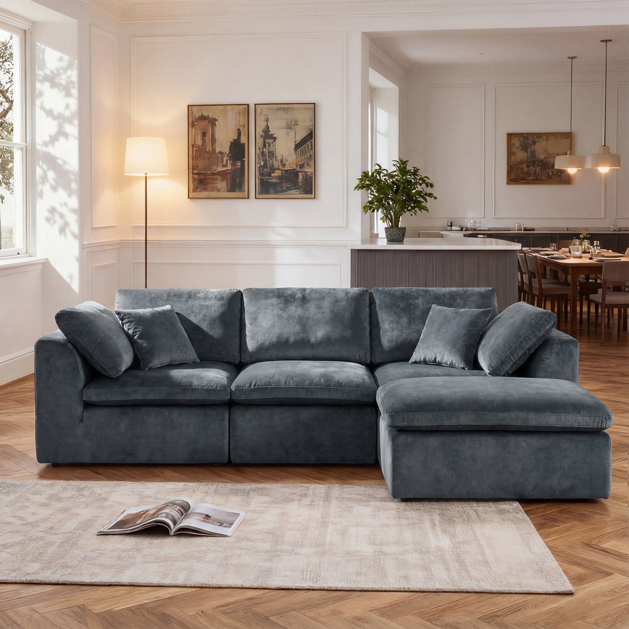 Modern Sectional Couch - Minimalist Sofa with 4 seats and reversible chaise, styled in a bright living room with neutral tones and wood flooring.