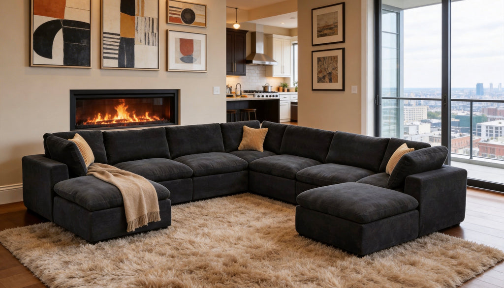 Dark charcoal modular sectional sofa in a modern living room with a fireplace, cream throw, and tan toss pillows.