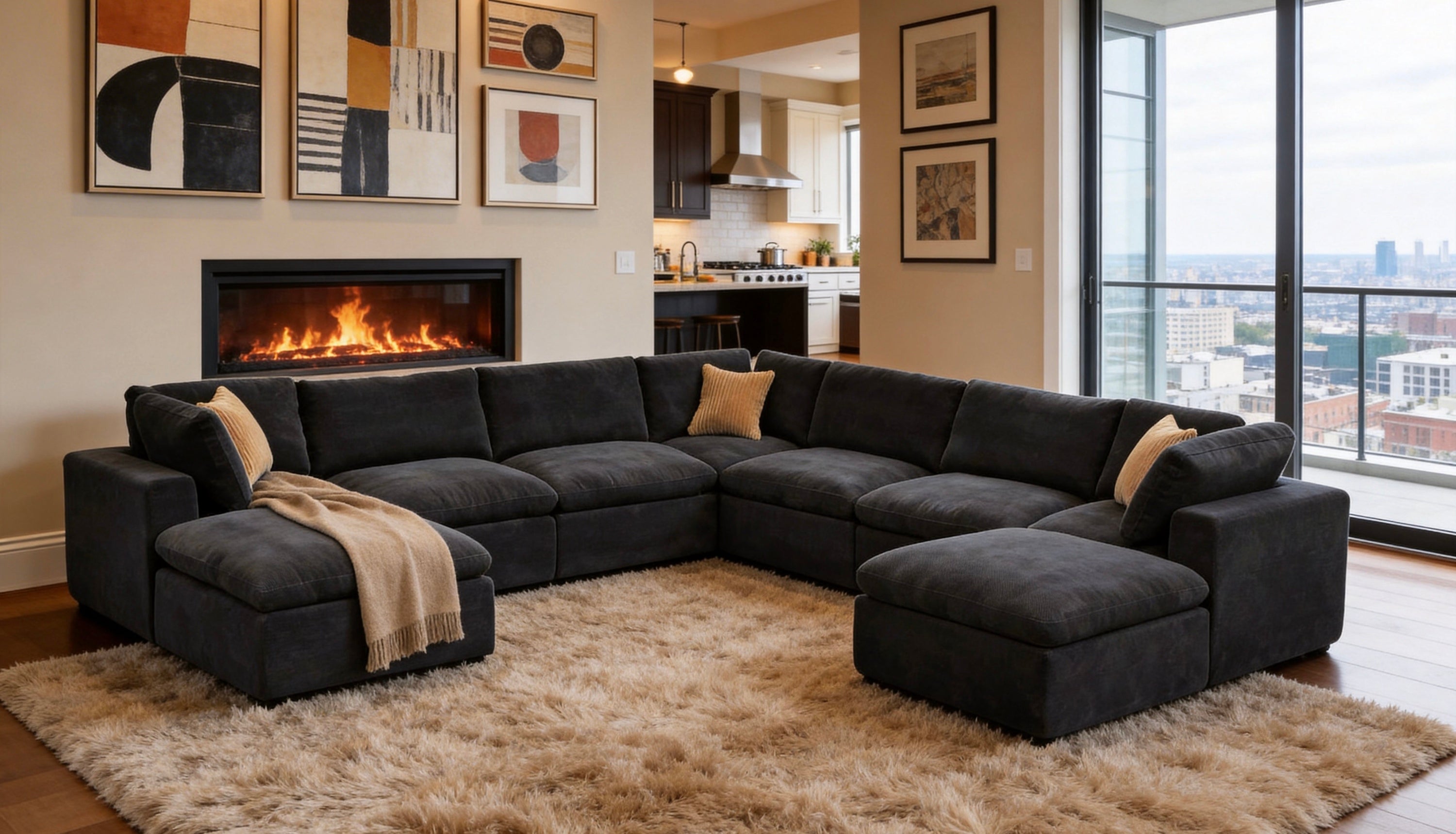Dark charcoal modular sectional sofa in a modern living room with a fireplace, cream throw, and tan toss pillows.