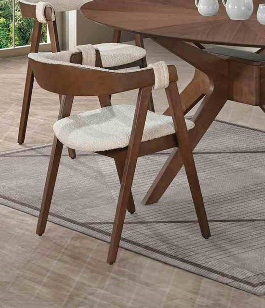 Set of Mid-Century Modern Side Chairs in Walnut & Beige around a wooden dining table, perfect for contemporary dining rooms.