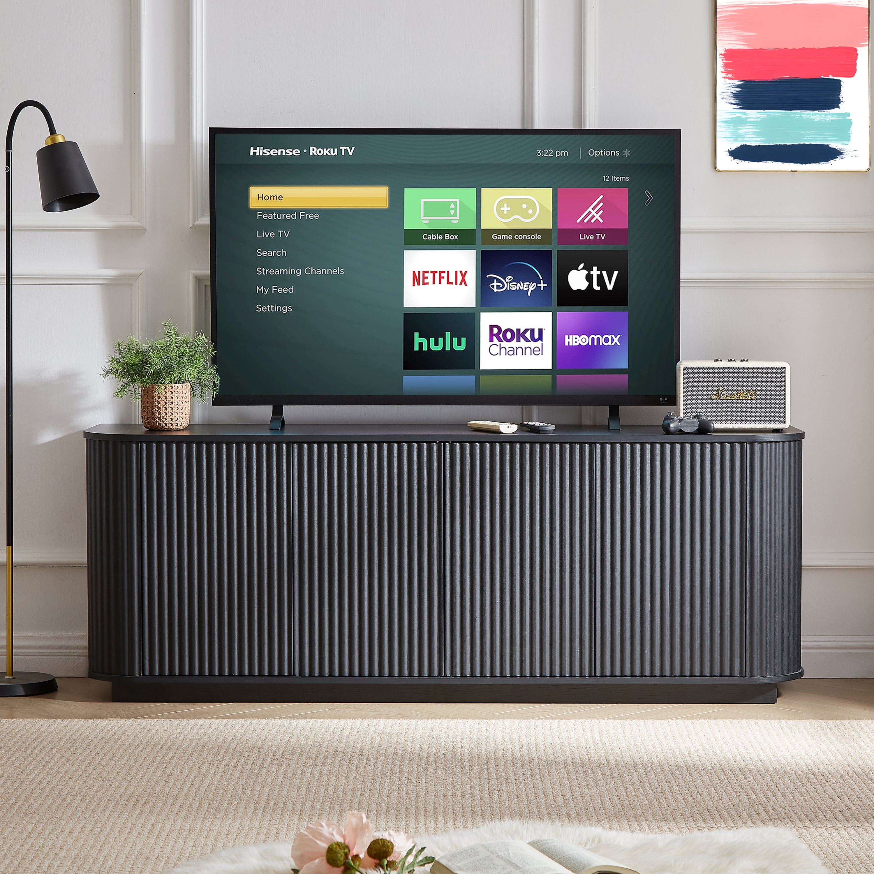 Wooden Sideboard TV Stand - Wave Pattern used as a media console with flat-screen TV and streaming apps displayed.