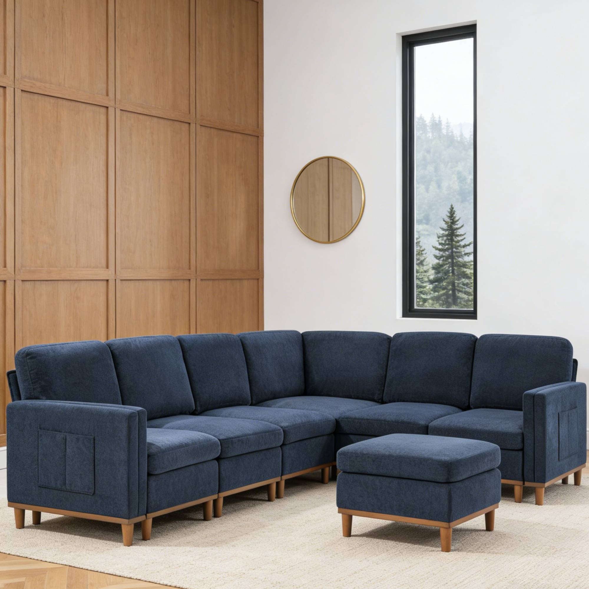Modular sofa for modern living in a minimalist room with wood paneling, showcasing its clean design and suitability for modern interiors.