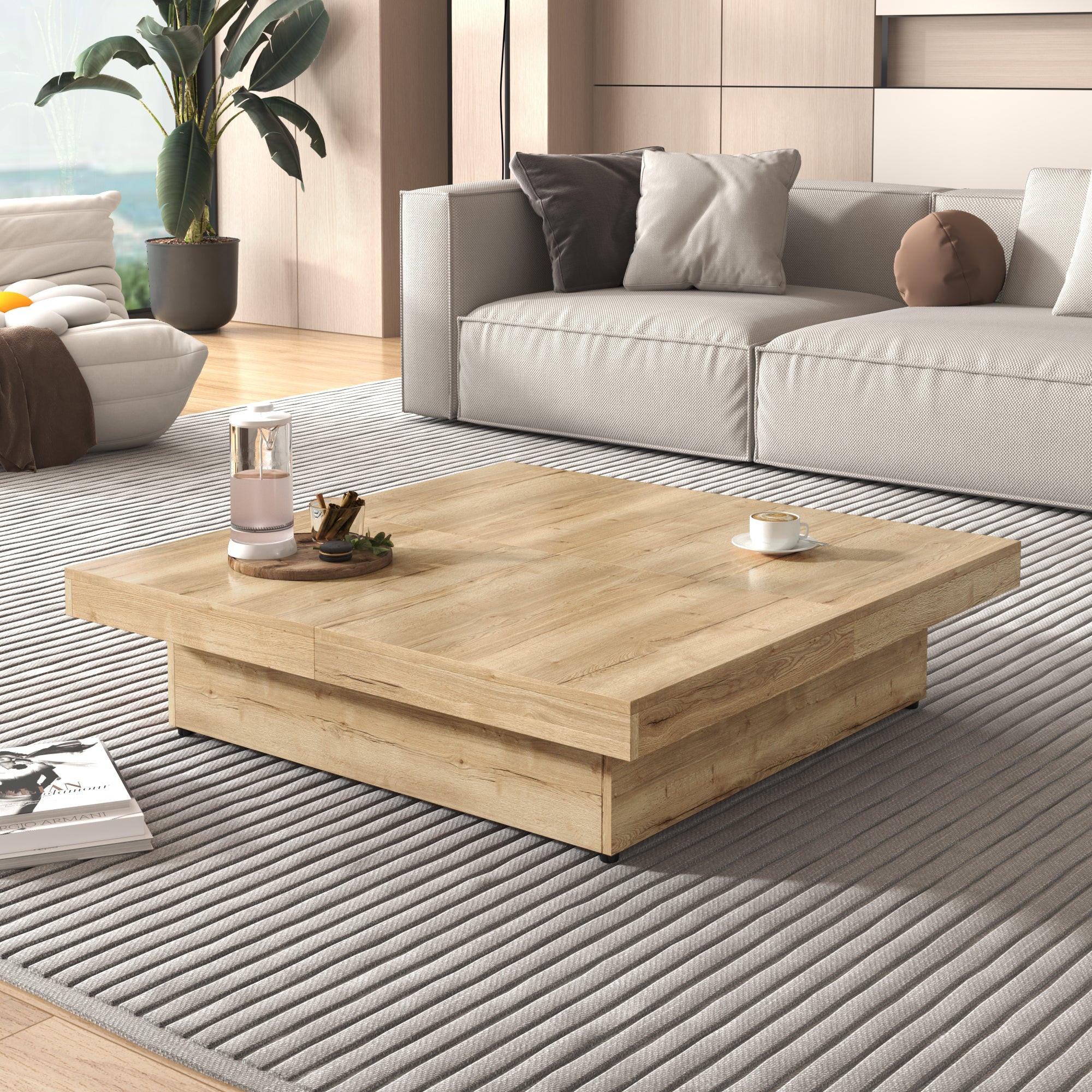 Sliding Top Coffee Table with Storage in Natural Wood Grain.