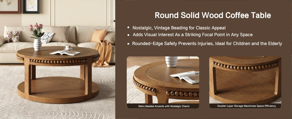 31.5 Inch Round Solid Wood Coffee Table & Sofa Table - Two-Tier Thickened Top, Sturdy Legs, Circle Table for Living Room (Walnut)