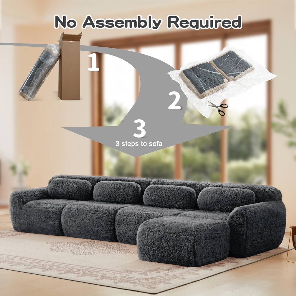 No-assembly dark grey modular sofa setup in three easy steps, featuring compressed packaging and quick expansion.