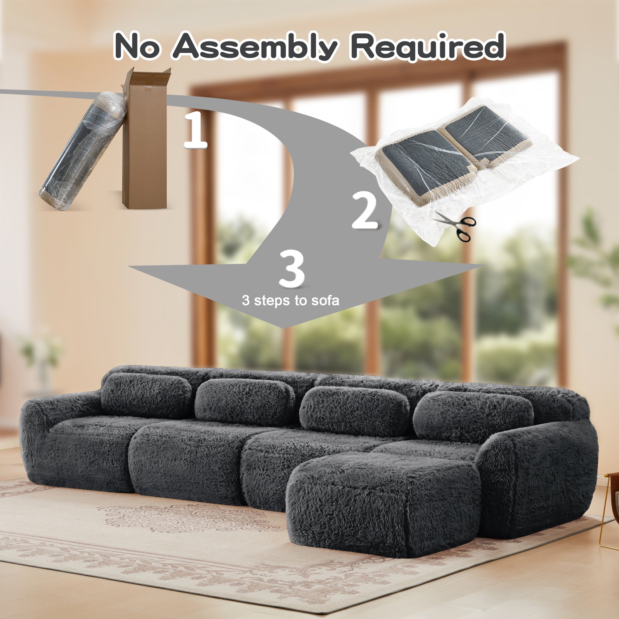 No-assembly dark grey modular sofa setup in three easy steps, featuring compressed packaging and quick expansion.