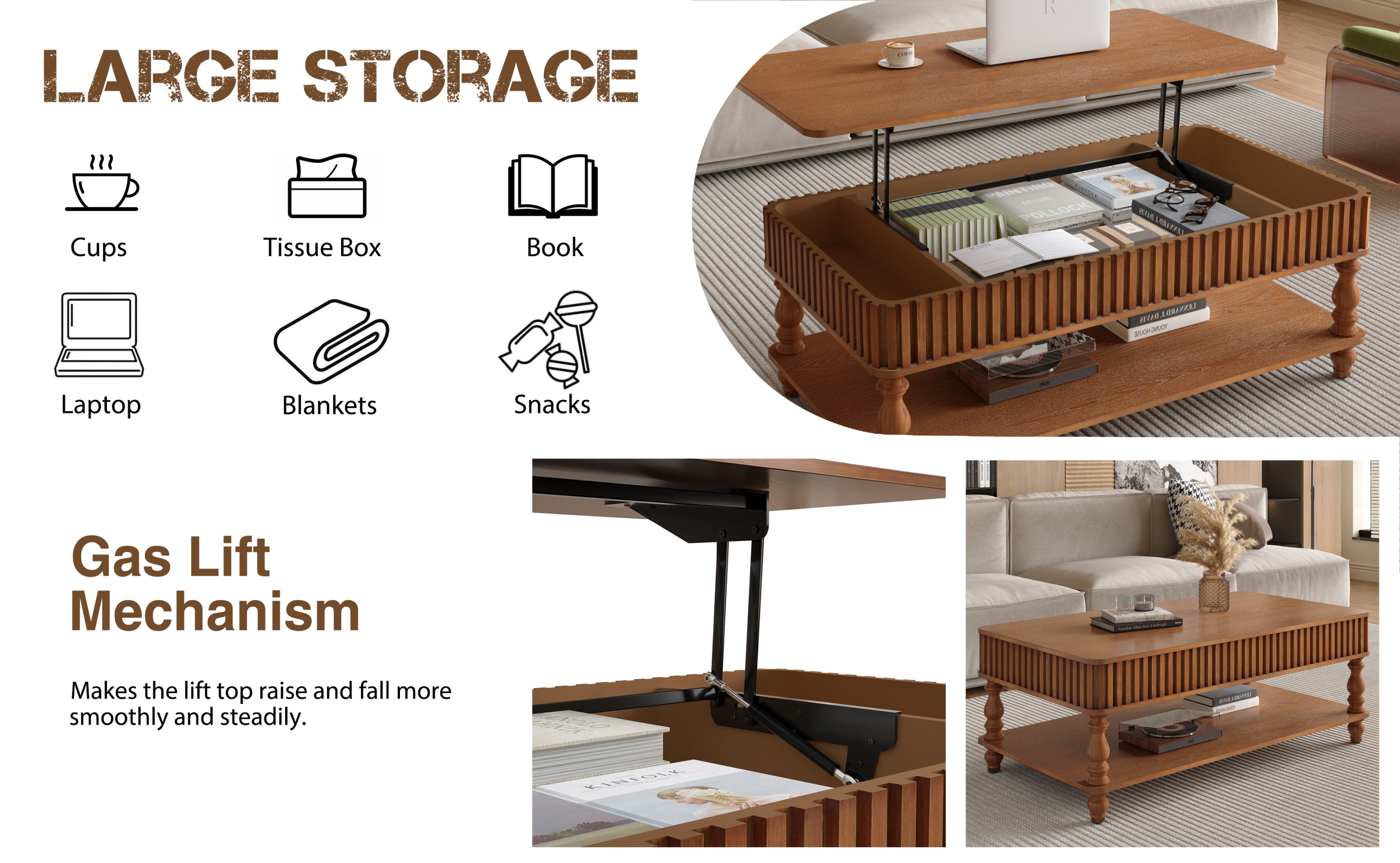 Vintage Brown Lift Top Coffee Table with large hidden storage, gas lift mechanism, and compartments for books, laptops, and snacks.