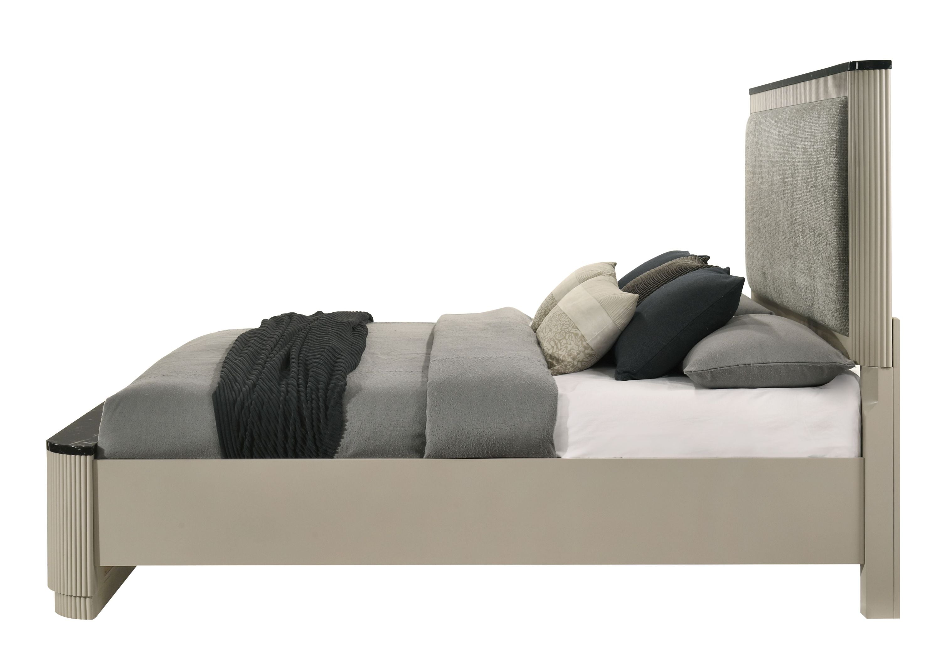 Side view of Gray Linen Beige Queen Bed - Modern Design featuring plush bedding, neutral tones, and sleek contemporary lines.