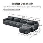 Dark grey modular sectional sofa with plush fabric and detailed dimensions. Features ergonomic design and 300lbs/seat weight capacity.