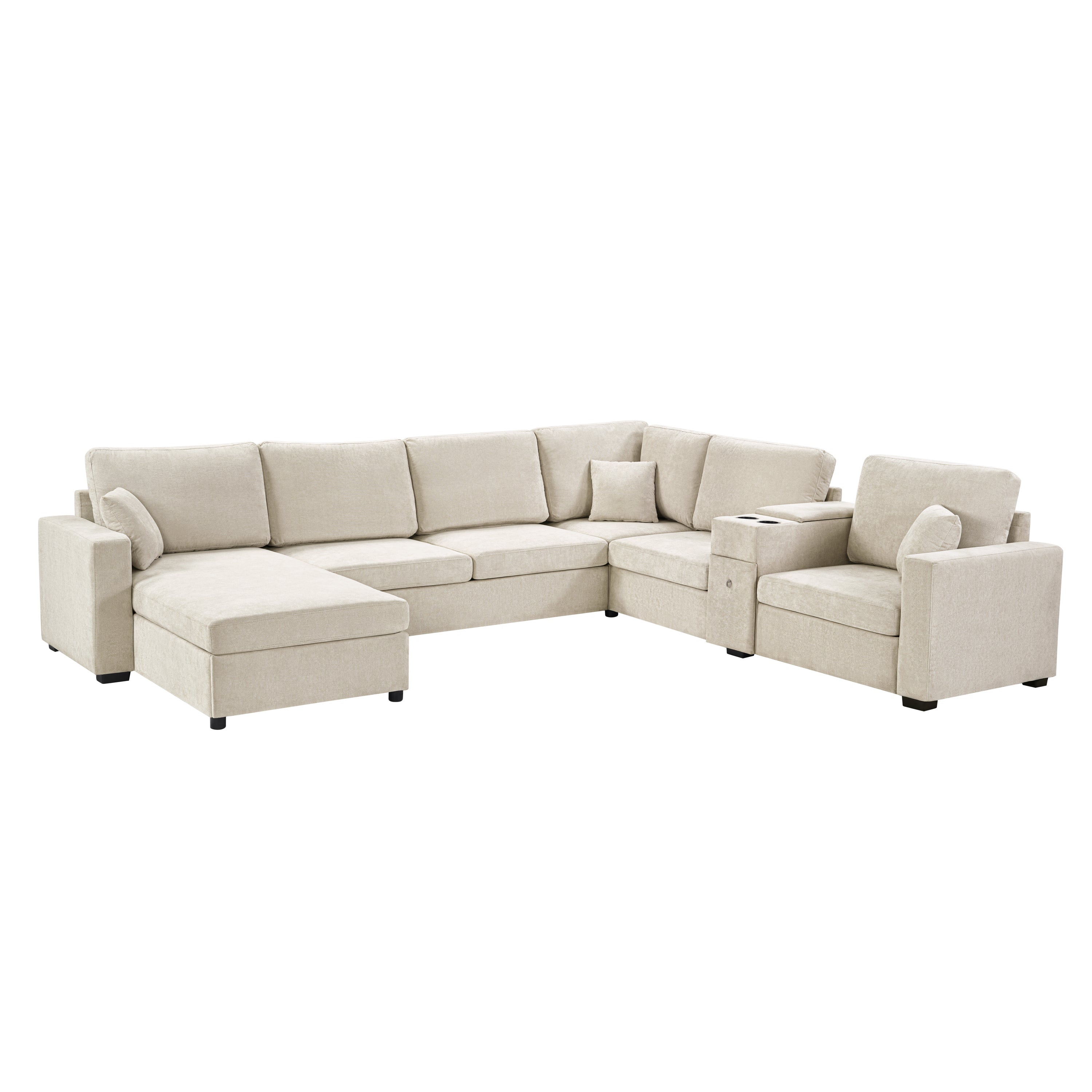 Beige 5-Seat U-Shape Chenille Sectional Sofa with Storage and Chaise