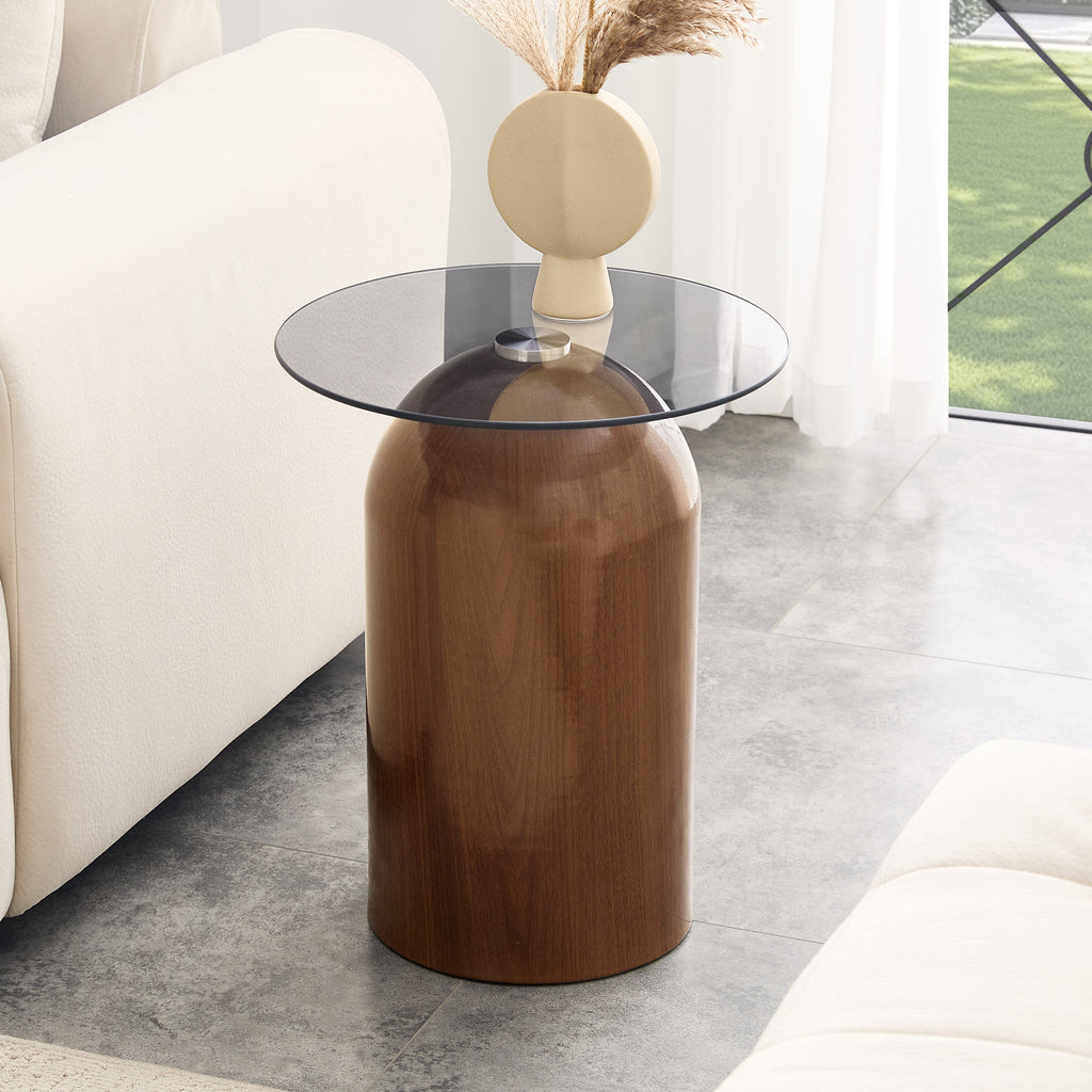 Walnut Round Glass Coffee Table, 20-Inch Modern Center Table