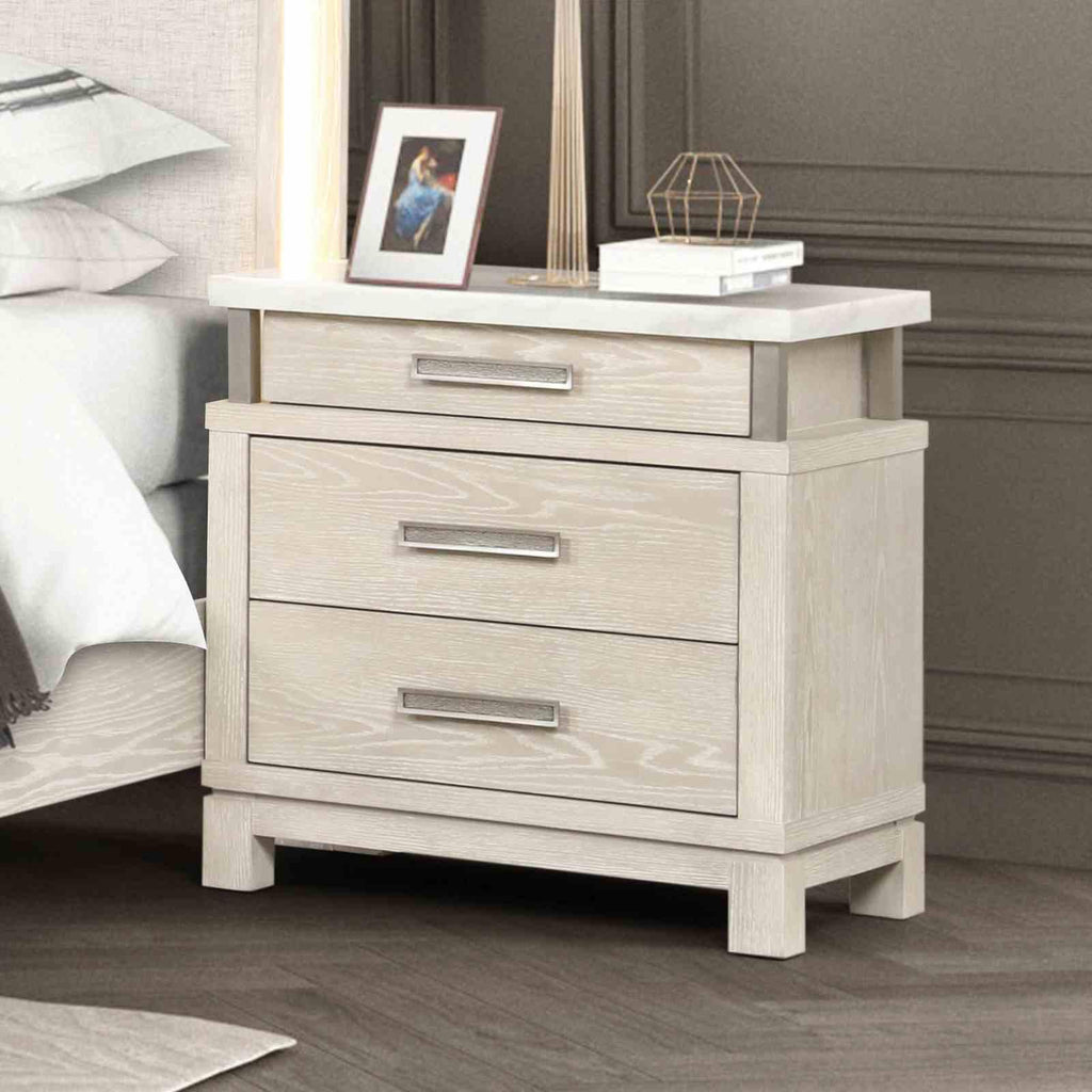 Transitional Nightstand with Marble Top and Metal Handles.