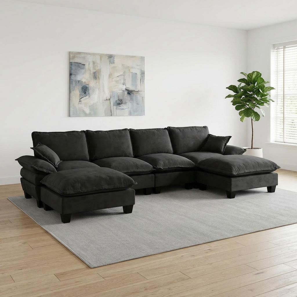 Modern 6-Seater Black Chenille U-Shape Cloud Sofa with Ottomans