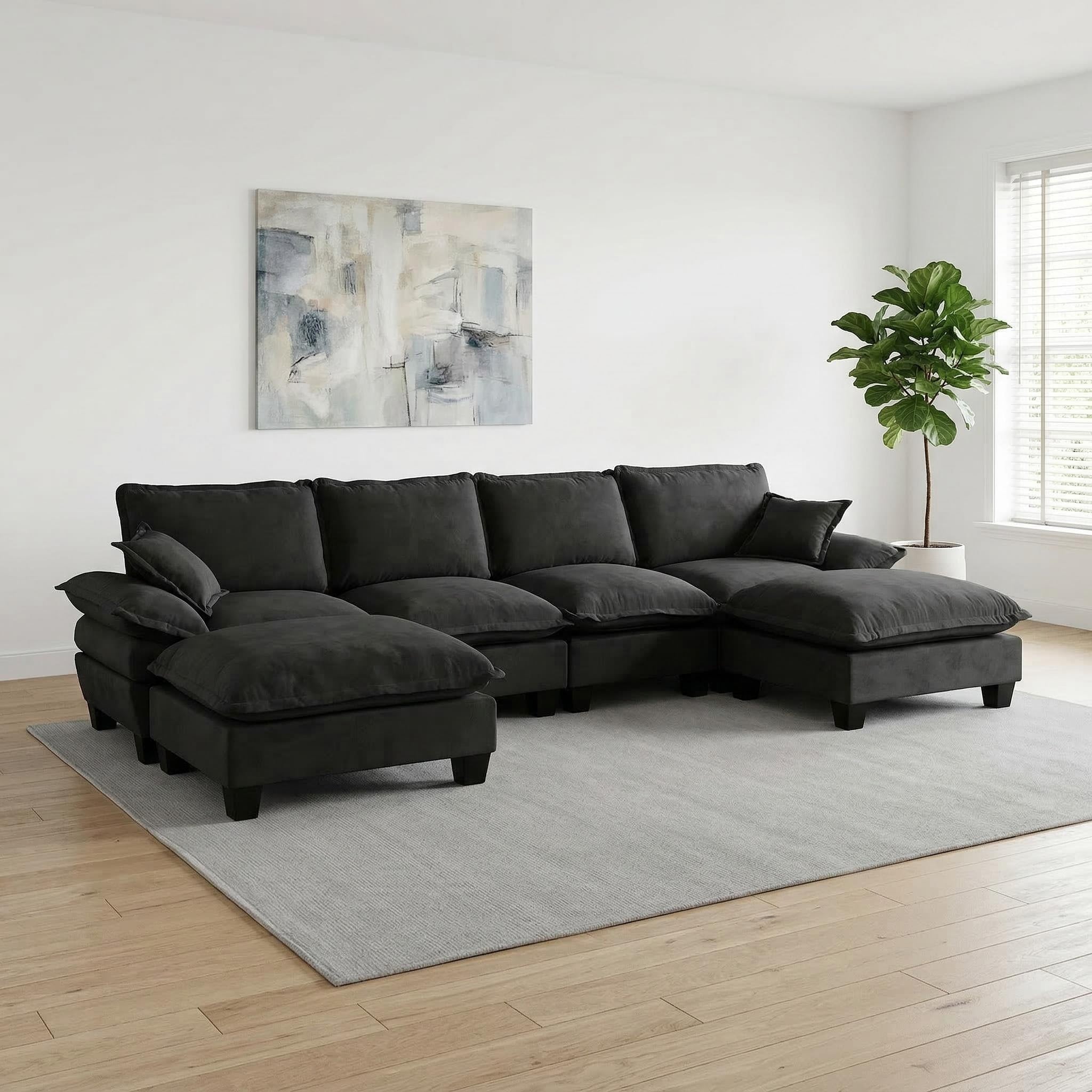Modern 6-Seater Black Chenille U-Shape Cloud Sofa with Ottomans