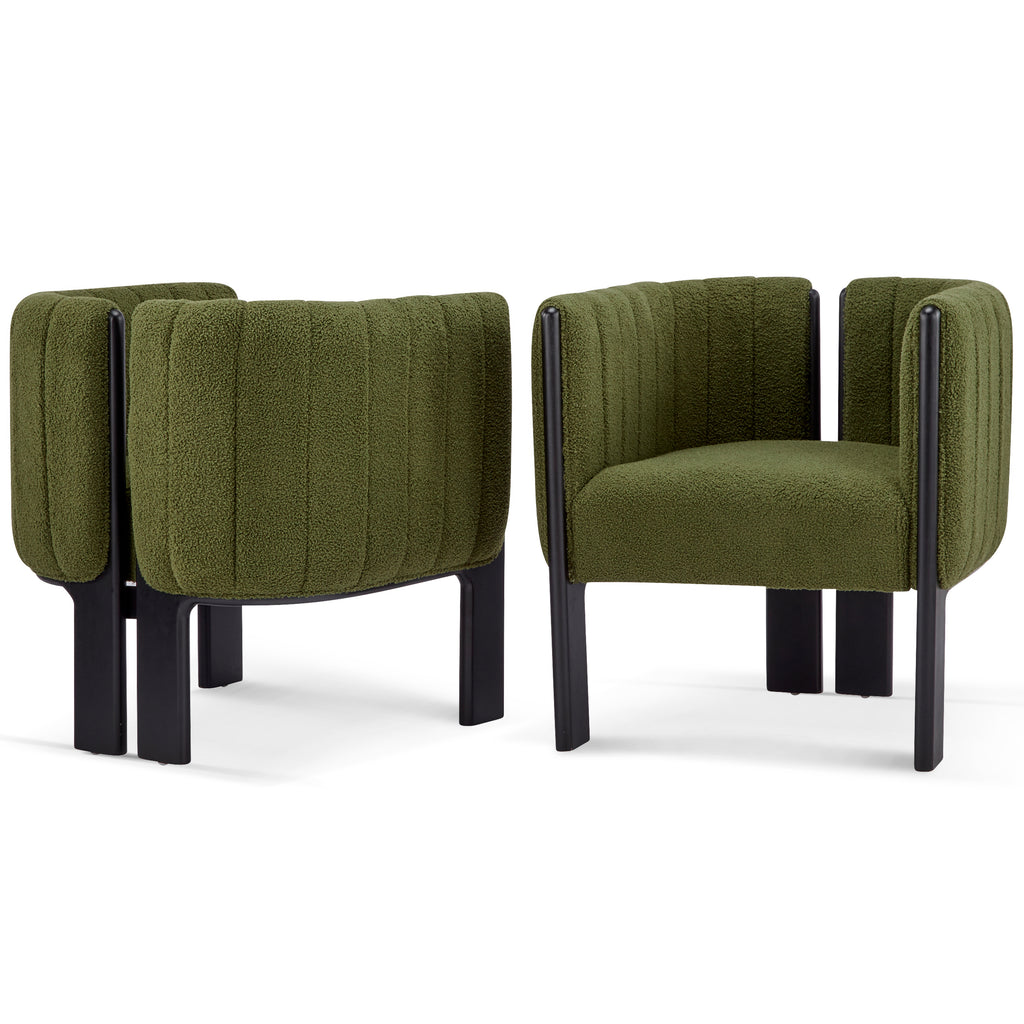 Pair of modern olive green dining chairs with plush boucle fabric and sturdy black legs, designed for stylish and durable dining spaces.