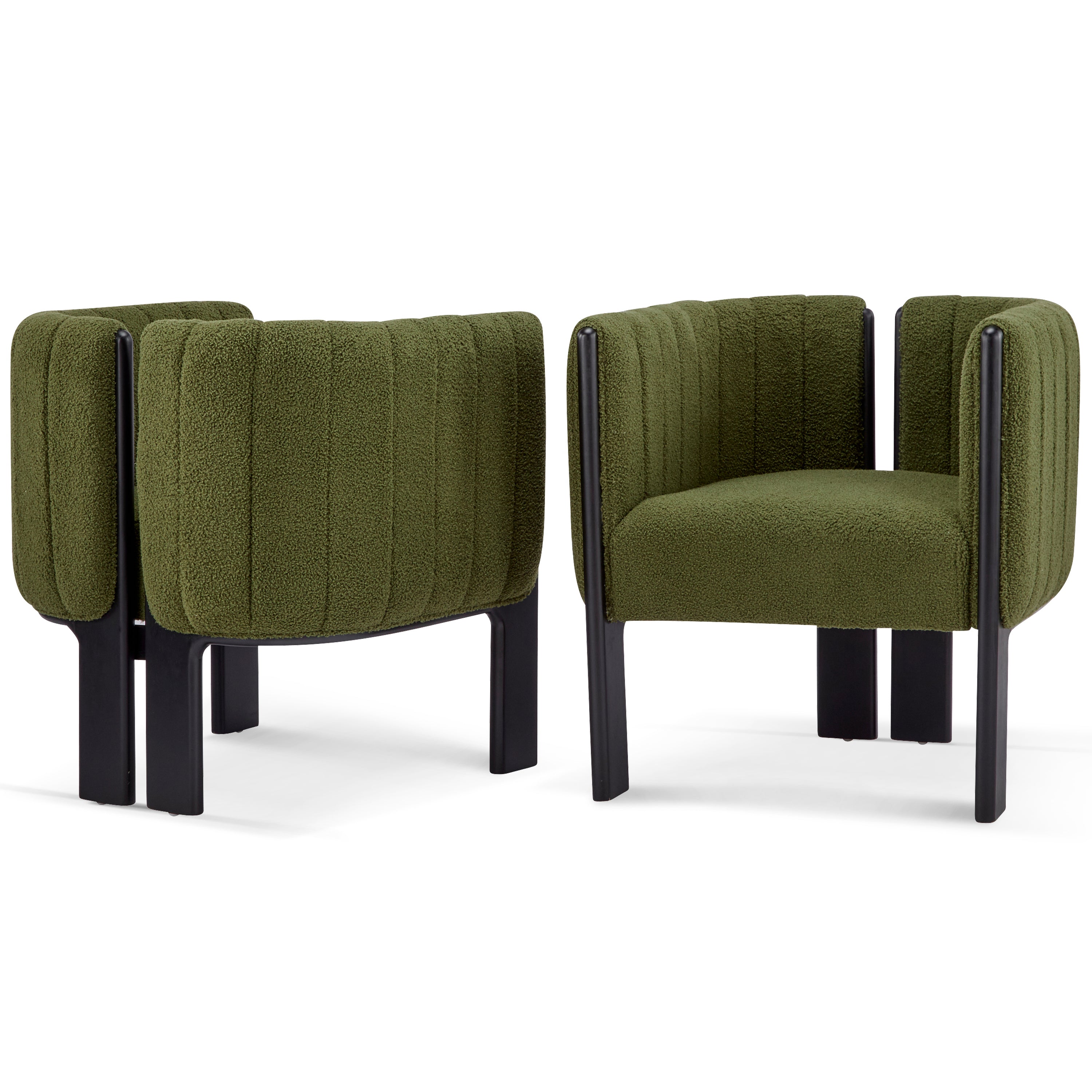 Pair of modern olive green dining chairs with plush boucle fabric and sturdy black legs, designed for stylish and durable dining spaces.