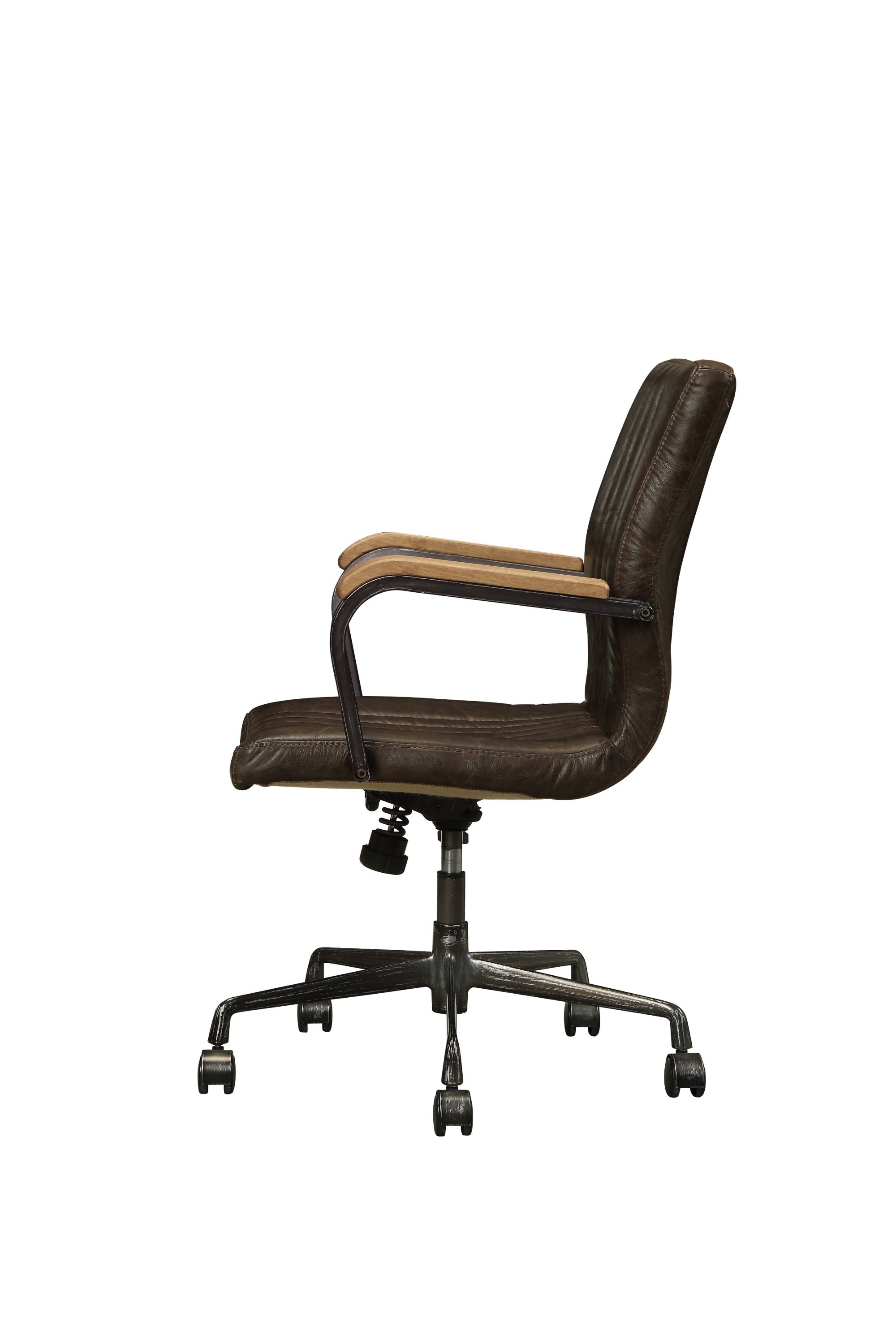 Side profile of Top Grain Leather Adjustable Chair showing contoured backrest, wooden armrests, and rolling metal base.