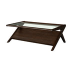 Mid-Century Modern Coffee Table in Morocco Brown with clear glass top and angled wood frame, shown on white background for product display.