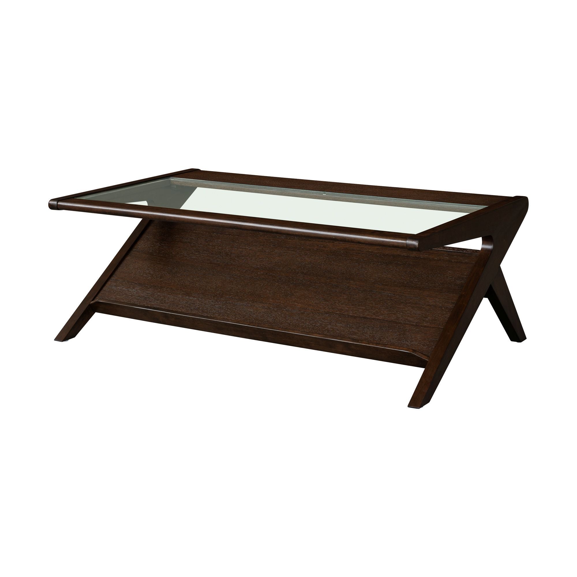 Mid-Century Modern Coffee Table in Morocco Brown with clear glass top and angled wood frame, shown on white background for product display.